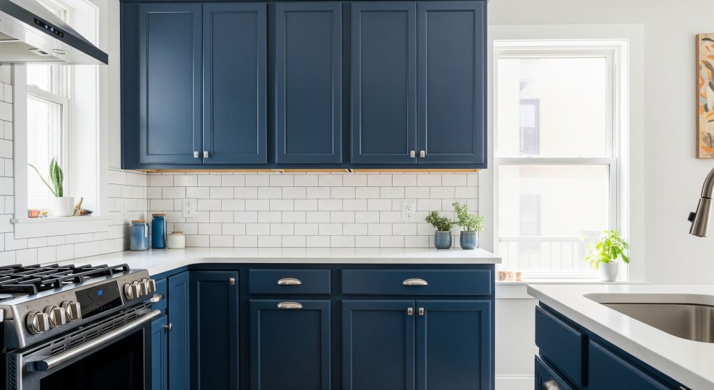Painters elbow park kitchen with navy cabinets and bright white countertops