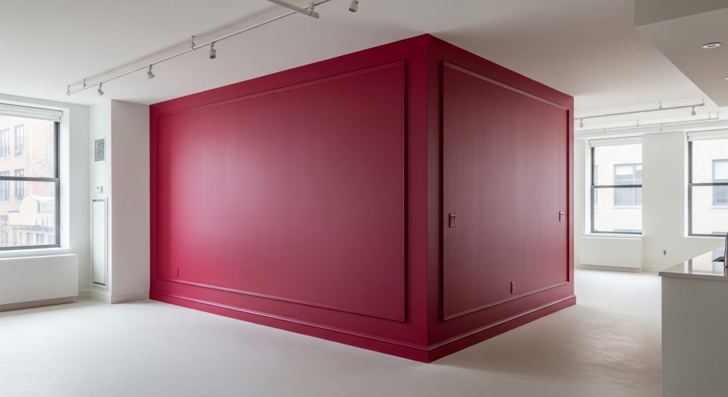 Exterior trim painting contrasts beautifully with the vibrant red wall in a minimalistic room