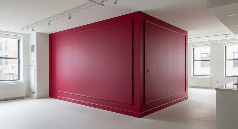 Deep red accent wall creates dramatic contrast in white interior