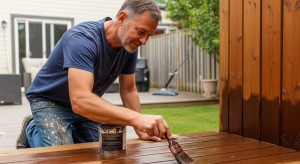 Man applying dark wood stain to deck boards in backyard setting
