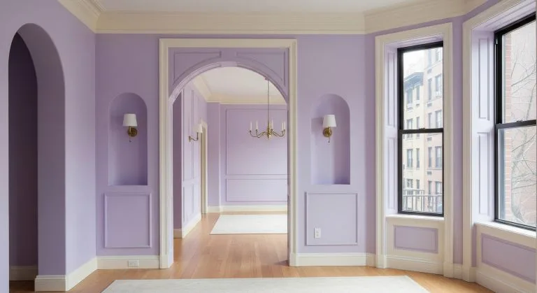 Lavender painted walls and moldings highlighting architectural features