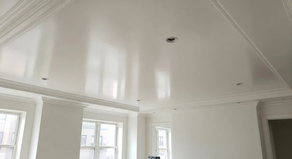 Glossy white painted ceiling with crown molding in a bright and modern room