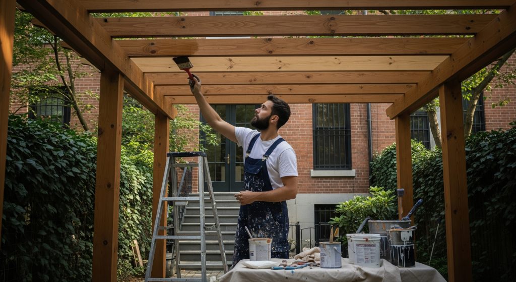 Painter staining a wooden pergola in backyard with paint cans and tools nearby