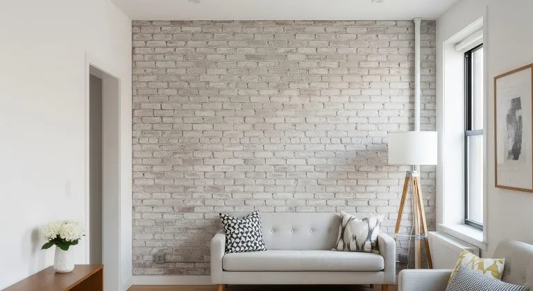 Soft-tone painted brick feature wall adds texture and warmth to the living space