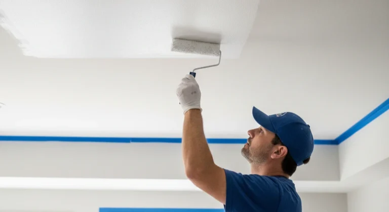 Interior Painter Auburn Bay applying paint to a ceiling with a roller